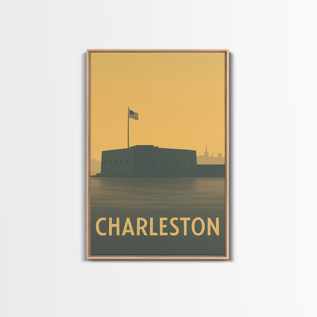 Charleston Travel Poster, Framed Canvas Print, Sunset Skyline Wall Art, Charleston City Art, Home Office Decor, Wanderlust Decor