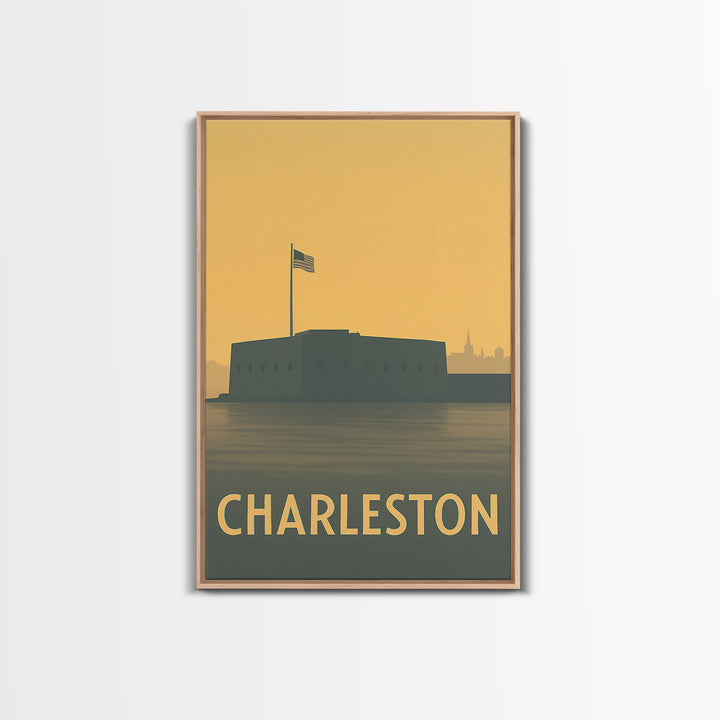 Charleston Travel Poster, Framed Canvas Print, Sunset Skyline Wall Art, Charleston City Art, Home Office Decor, Wanderlust Decor