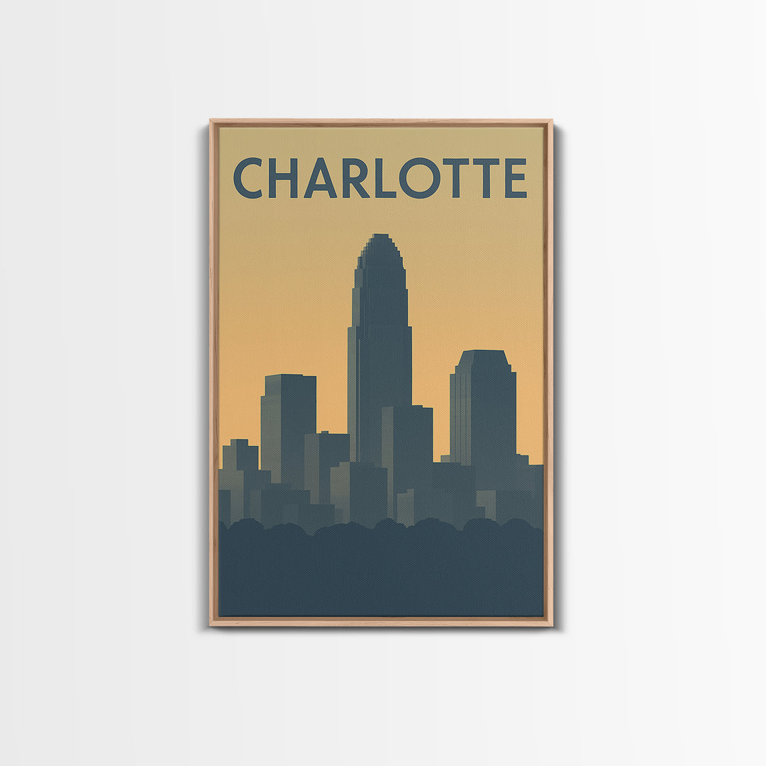 Charlotte North Carolina Travel Poster, Canvas Print, Sunset Skyline Wall Art, Charlotte Art Print, Watercolor Urban Skyline, Travel Art