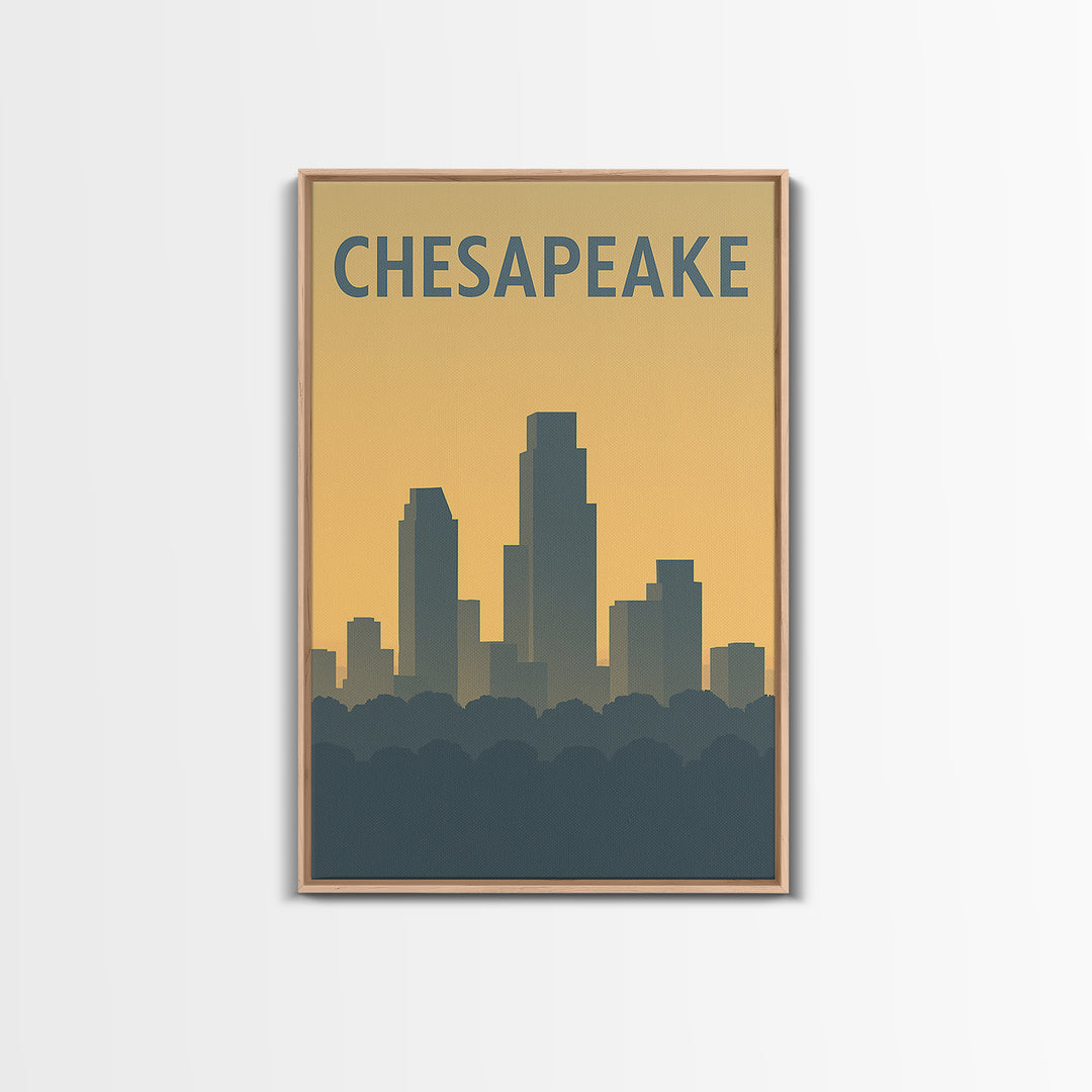 Chesapeake Virginia Travel Poster, Framed Canvas Print, Sunset Skyline Wall Art, Chesapeake Wall Art, Retro Travel Print, Home Office Decor
