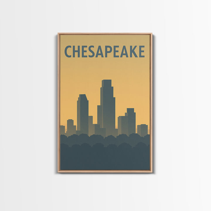 Chesapeake Virginia Travel Poster, Framed Canvas Print, Sunset Skyline Wall Art, Chesapeake Wall Art, Retro Travel Print, Home Office Decor