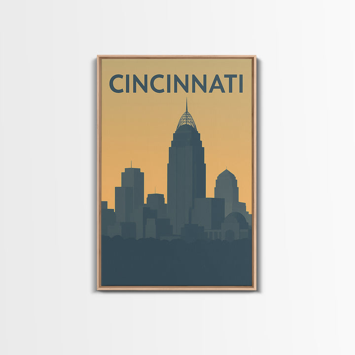 Cincinnati Ohio Travel Poster, Framed Canvas Print, Sunset Skyline Wall Art, Cincinnati Poster Print, Retro Travel Print, Home Office Decor