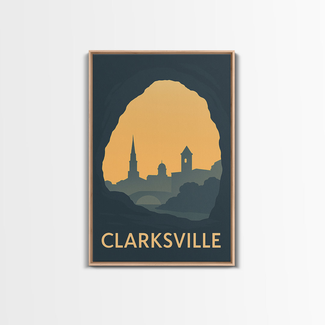 Clarksville Tennessee Travel Poster, Canvas Print, Sunset Skyline Wall Art, Clarksville Wall Art, City Travel Prints, Mid Century Wall Art