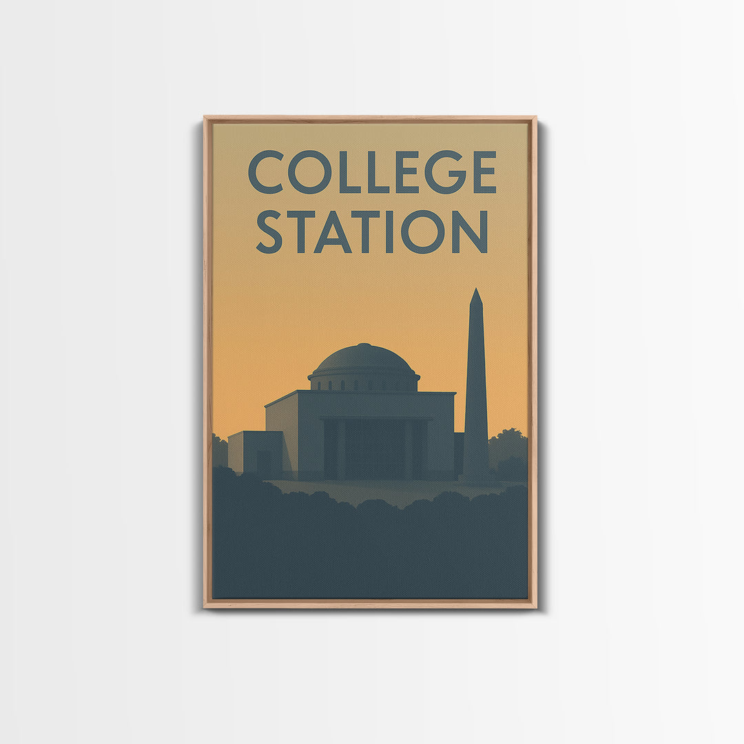 College Station Texas Travel Poster, Canvas Print, Sunset Skyline Wall Art, College Station Wall Art, Travel Art Print, Vintage City Art