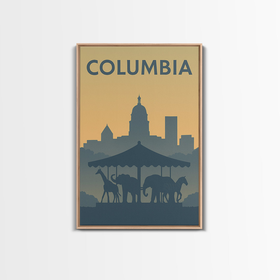 Columbia Travel Poster, Framed Canvas Print, Vintage City Poster Art, Columbia Travel Art, Mid Century Wall Art, Retro Travel Print