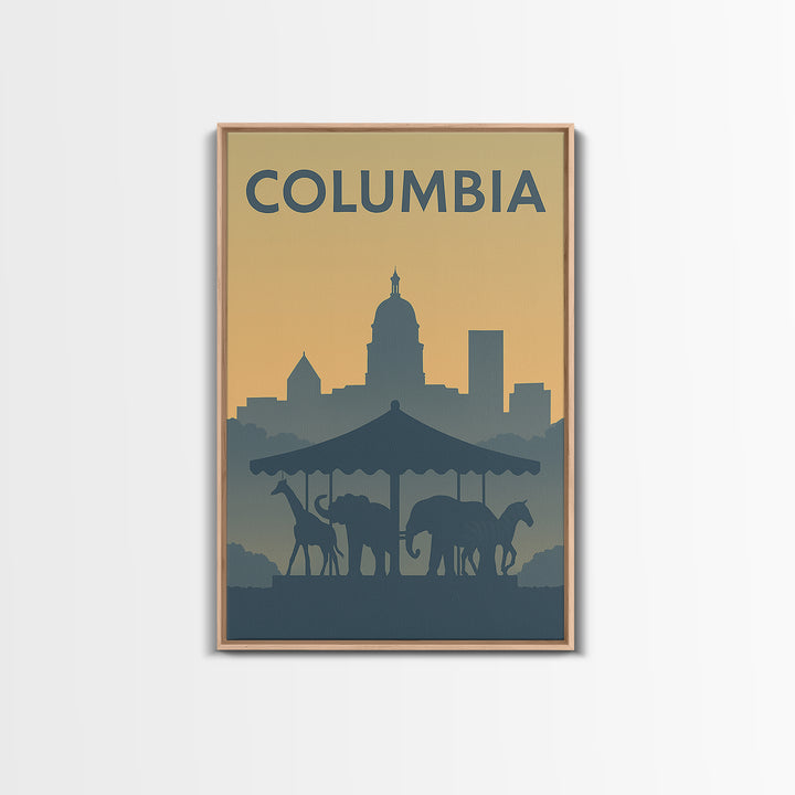 Columbia Travel Poster, Framed Canvas Print, Vintage City Poster Art, Columbia Travel Art, Mid Century Wall Art, Retro Travel Print