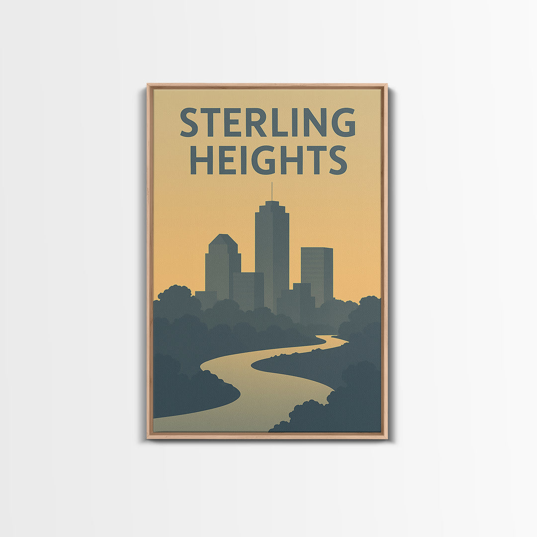 Sterling Heights Travel Poster, Canvas Print, Sunset Skyline Wall Art, Sterling Heights Travel Art, Watercolor Urban Skyline, Office Decor