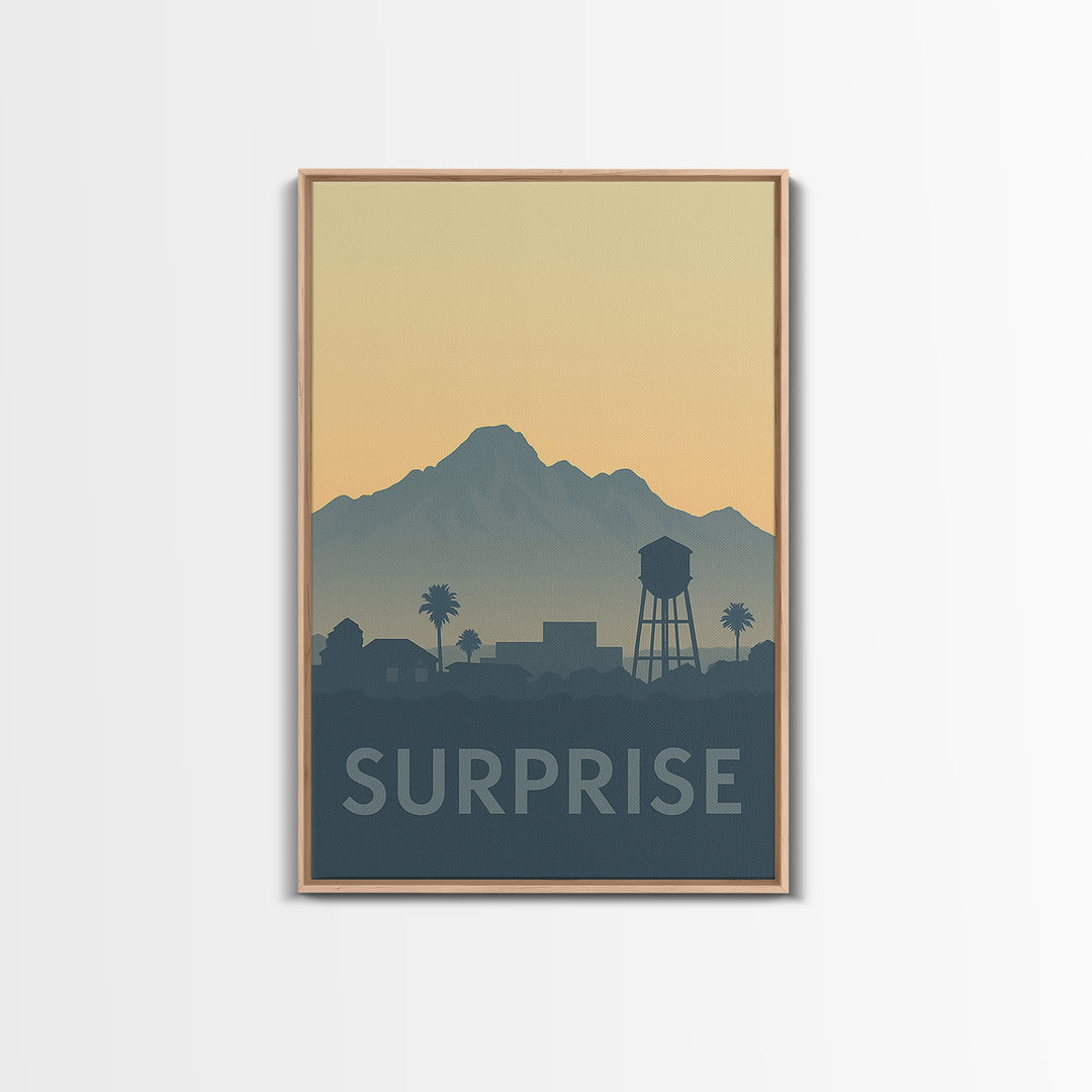 Surprise Travel Poster, Framed Canvas Print, Sunset Skyline Wall Art, Surprise Poster Print, Travel Poster Art, Eclectic Wall Decor
