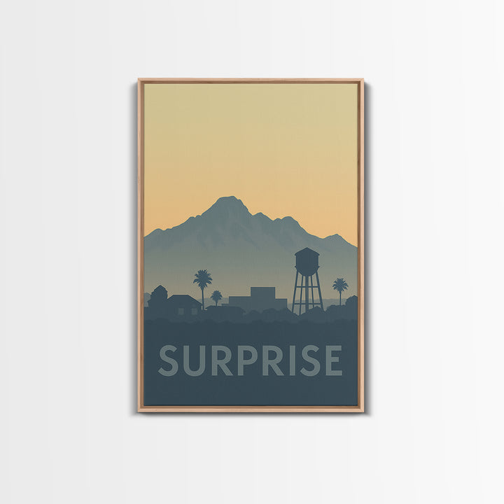 Surprise Travel Poster, Framed Canvas Print, Sunset Skyline Wall Art, Surprise Poster Print, Travel Poster Art, Eclectic Wall Decor
