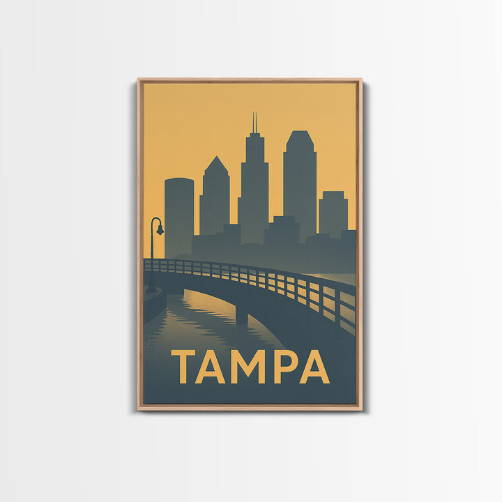 Tampa Florida Travel Poster, Framed Canvas Print, Mid Century Travel Art, Tampa Travel Art, Mid Century Wall Art, Watercolor City Skyline