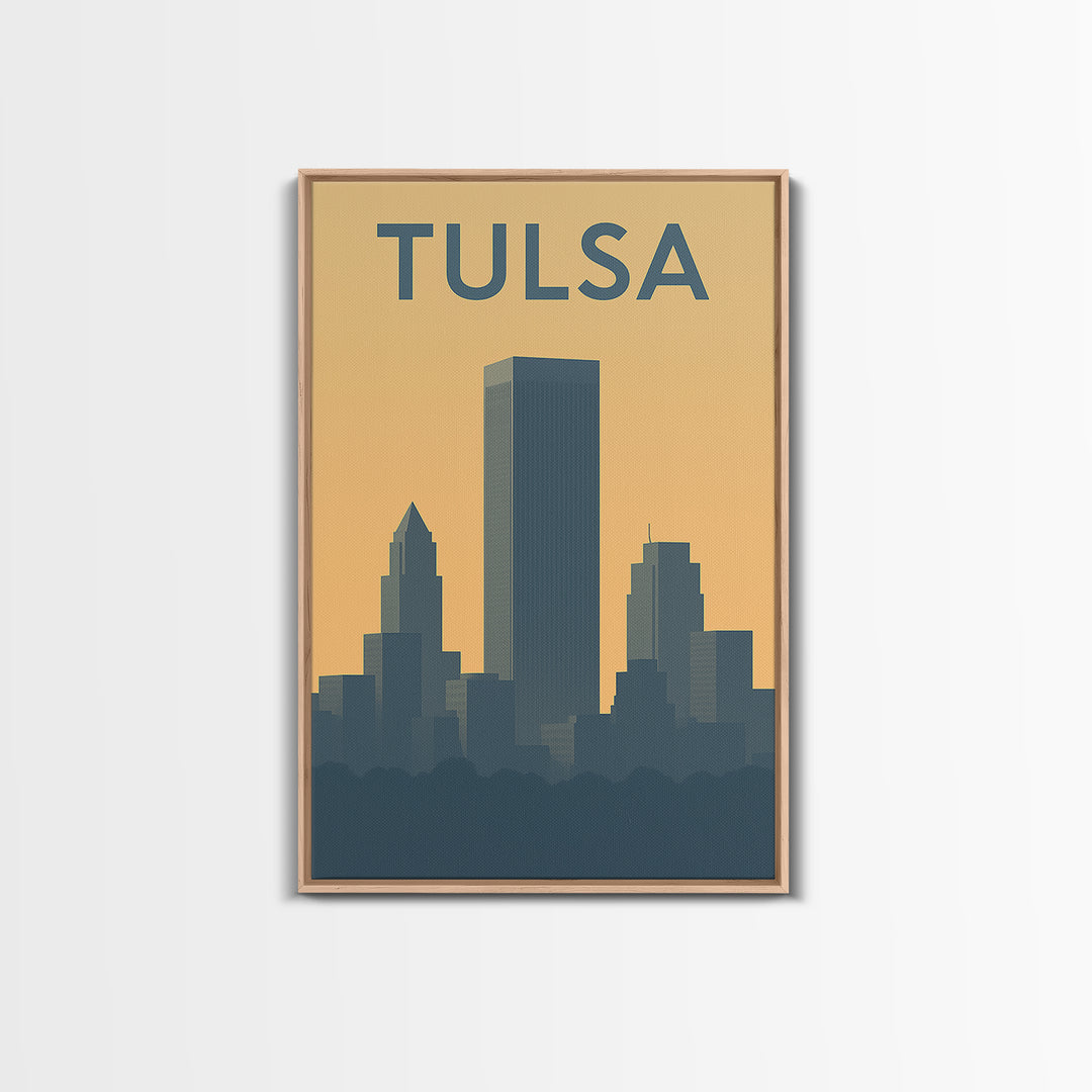 Tulsa Travel Poster, Framed Canvas Print, Sunset Skyline Wall Art, Tulsa Art Print, City Travel Prints, Wanderlust Decor, Travel Wall Decor