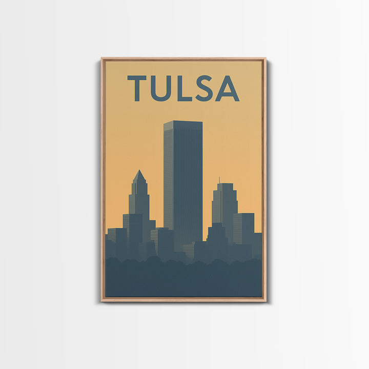 Tulsa Travel Poster, Framed Canvas Print, Sunset Skyline Wall Art, Tulsa Art Print, City Travel Prints, Wanderlust Decor, Travel Wall Decor