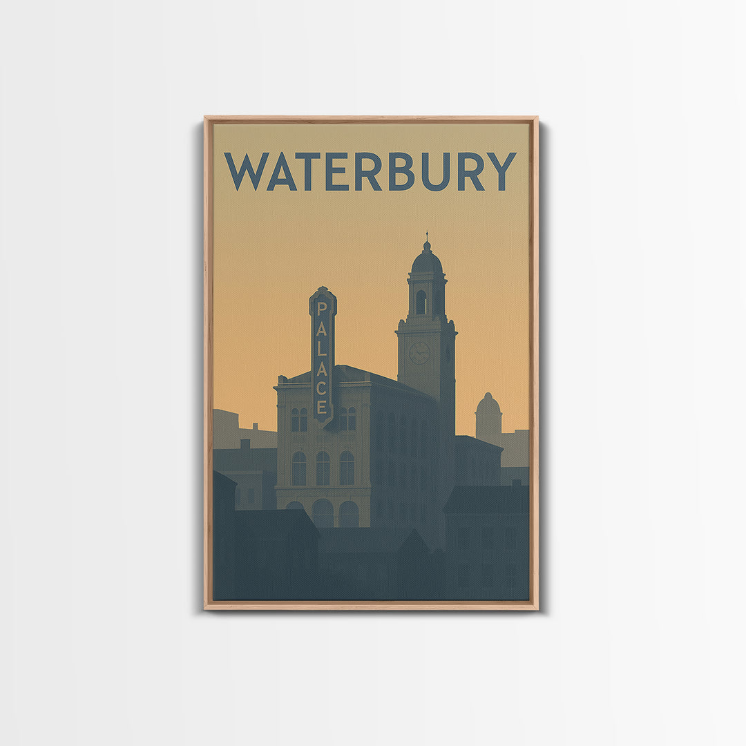 Waterbury Travel Poster, Framed Canvas Print, Minimalist Retro Wall Art, Waterbury Poster Print, Retro Travel Print, Modern Wall Decor