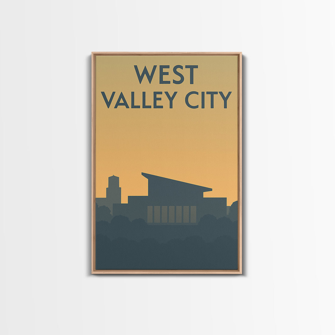 West Valley City Travel Poster, Framed Canvas Print, Minimalist Retro Wall Art, West Valley City City Art, Watercolor Downtown Skyline