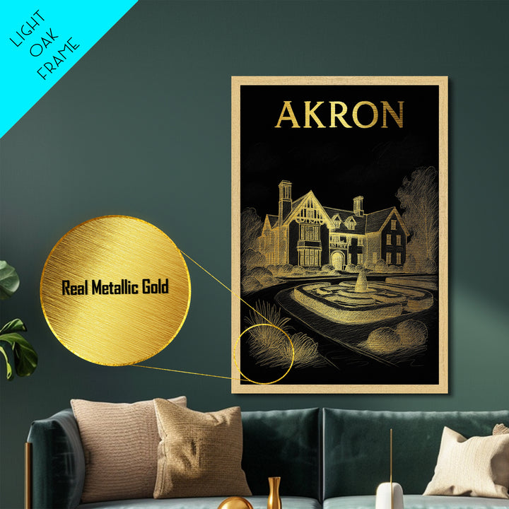 Akron Ohio travel, Metallic Gold Art, Modern House Art, Metal Art, Wood Framed Art, Traveler Gift, Destination Gift