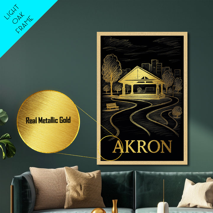 Akron Ohio art, Metallic Gold Print, Modern House Art, Metal Art, Wood Framed Art, Destination Gift, Graduation Travel Gift