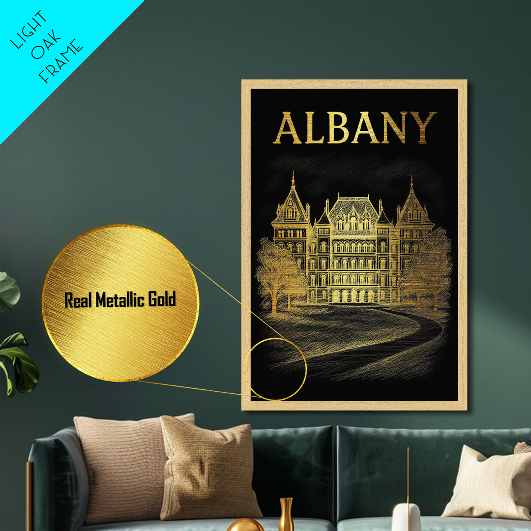 Albany New York travel, Metallic Gold Art, College Dorm Décor, Metal Art, Wood Framed Art, Graduation Travel Gift, Travel Gift
