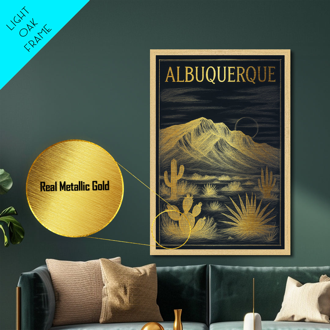 Albuquerque New Mexico travel, Metallic Gold Art, Modern Skyline Wall Print, Metal Art, Wood Framed Art, Travel Gift, Adventure Lover Gift