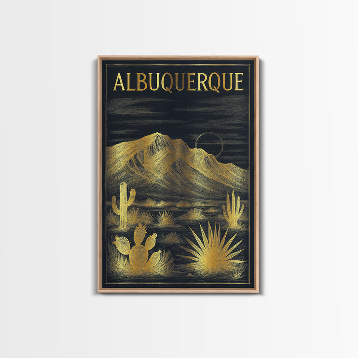 Albuquerque New Mexico Travel Poster, Framed Canvas Print, Elegant Gold City Art, Albuquerque Wall Art, Wanderlust Decor, Travel Wall Art