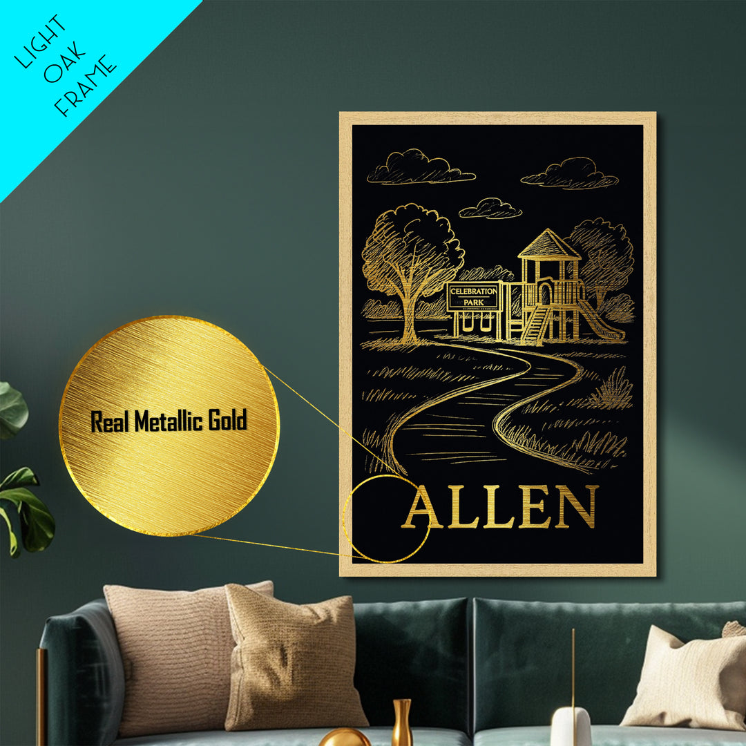 Allen Texas art, Metallic Gold Print, Office Decor, Metal Art, Wood Framed Art, Adventure Lover Gift, Traveler Gift