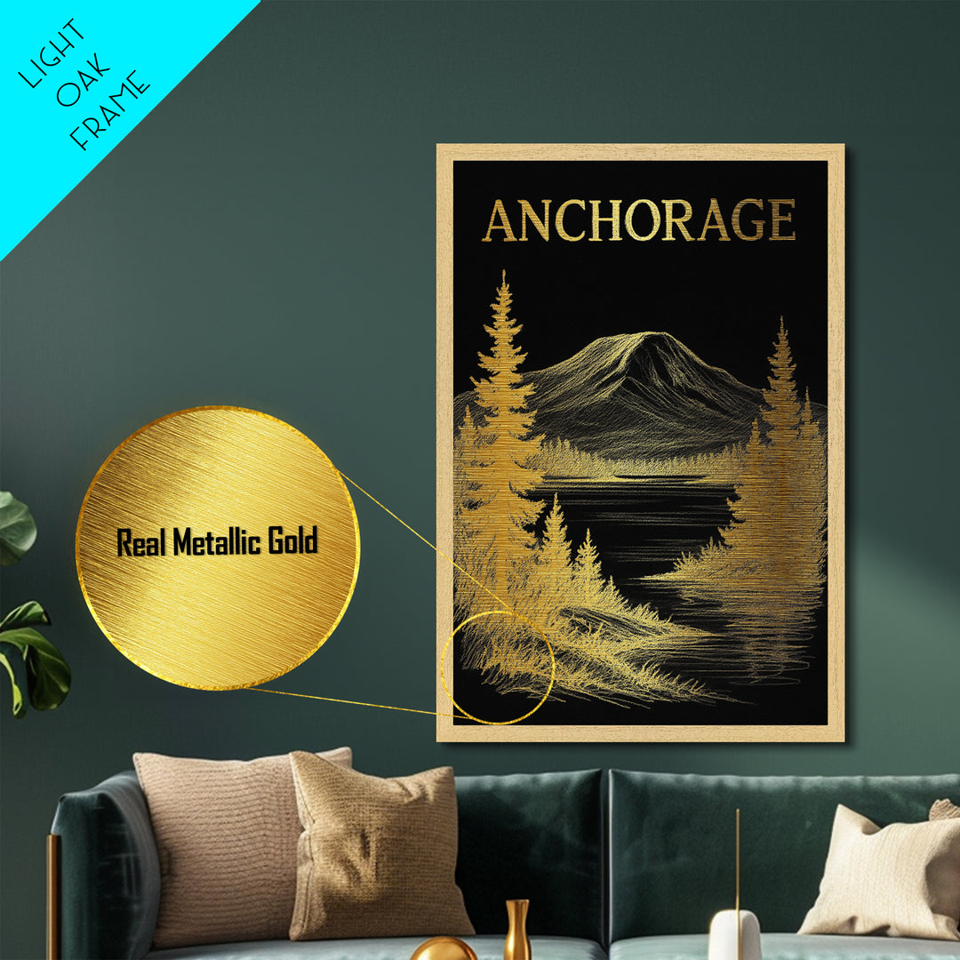 Anchorage Alaska travel, Metallic Gold Art, Modern Skyline Wall Print, Metal Art, Wood Framed Art, Adventure Lover Gift, Travel Gift