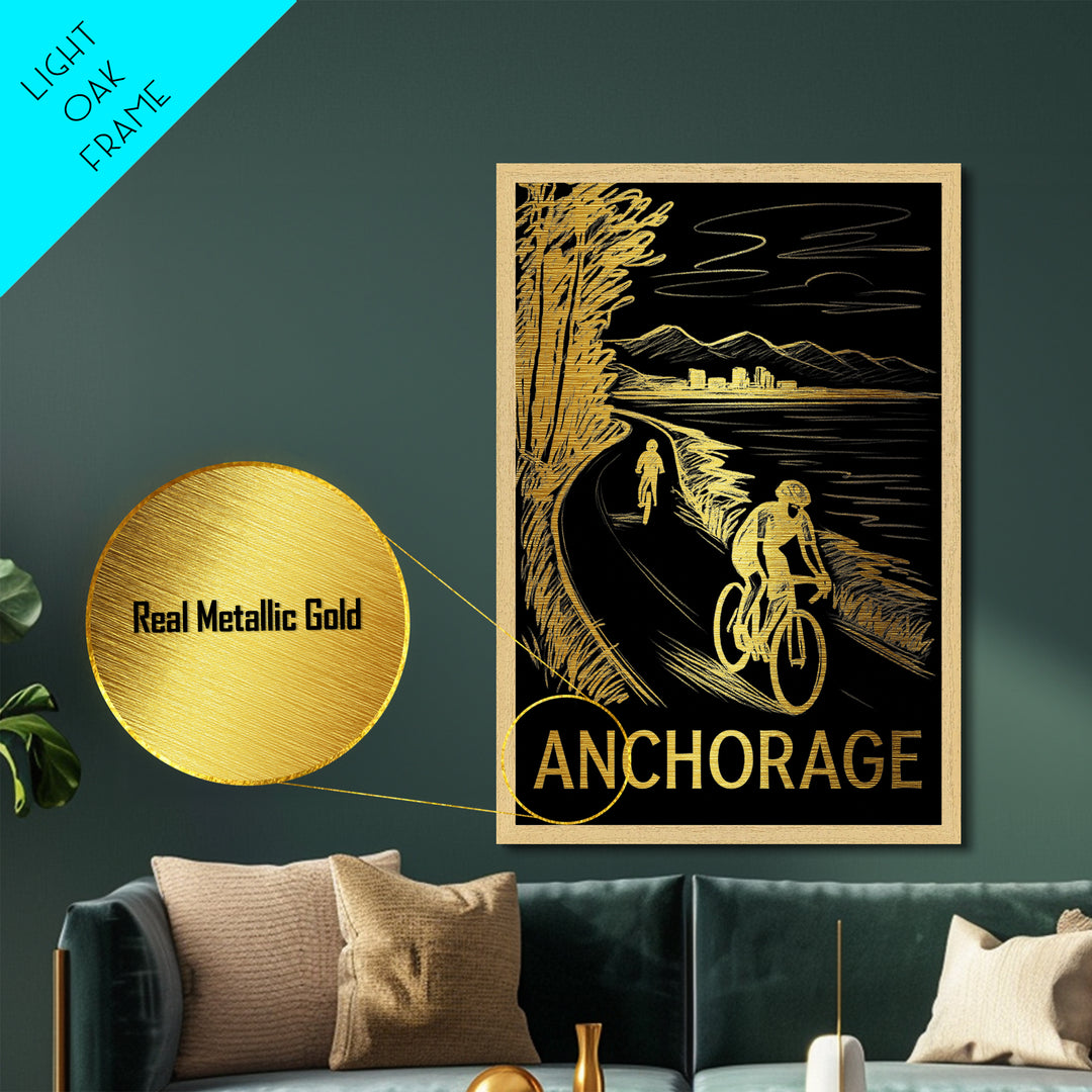 Anchorage Alaska art, Metallic Gold Print, Modern House Art, Metal Art, Wood Framed Art, Destination Gift, Traveler Gift
