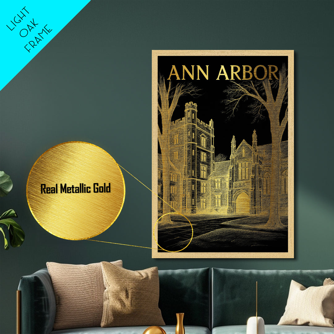 Ann Arbor Michigan travel, Metallic Gold Art, Modern House Art, Metal Art, Wood Framed Art, Wanderlust Gift, Travel Art Prints