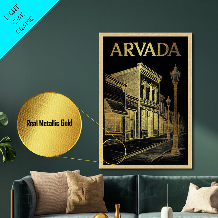 Arvada Colorado travel, Metallic Gold Art, Modern Skyline Wall Print, Metal Art, Wood Framed Art, Adventure Lover Gift, Travel Gift