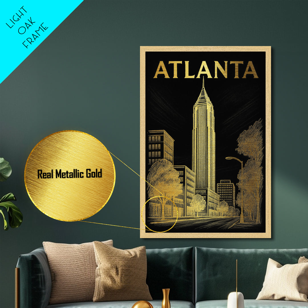 Atlanta Georgia travel, Metallic Gold Art, Modern House Art, Metal Art, Wood Framed Art, Wanderlust Gift, Travel Art Prints