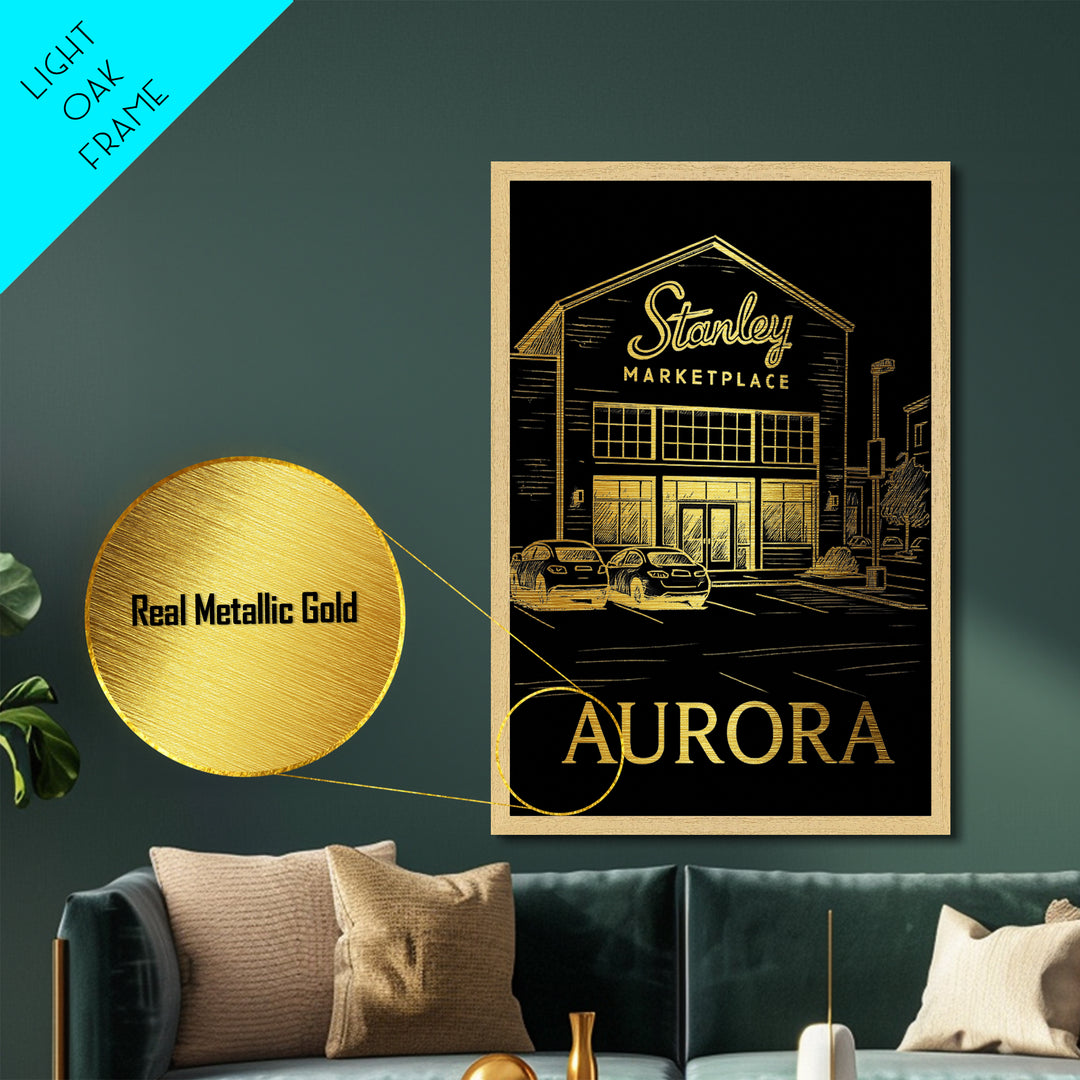 Aurora Illinois travel, Metallic Gold Art, Modern Skyline Wall Print, Metal Art, Wood Framed Art, Adventure Lover Gift, Travel Gift