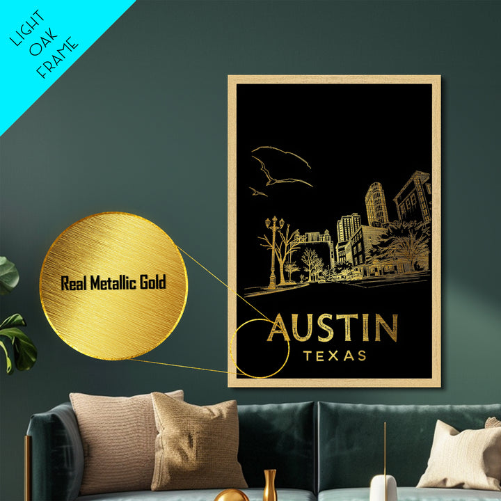 Austin Texas travel, Metallic Gold Art, Closing Gift, Metal Art, Wood Framed Art, Anniversary Travel Gift, Retirement Travel Gift