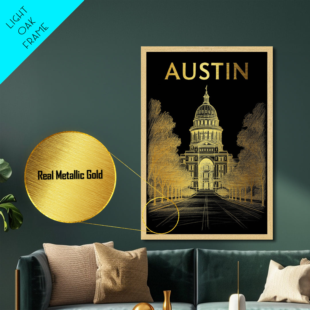 Austin Texas art, Metallic Gold Print, Office Decor, Metal Art, Wood Framed Art, Graduation Travel Gift, Destination Gift