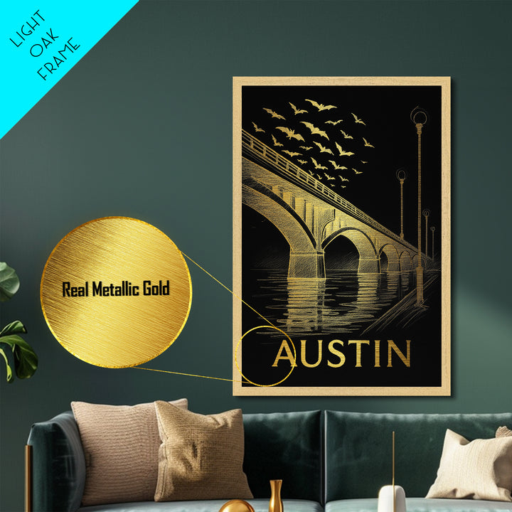 Austin Texas travel, Metallic Gold Art, Modern House Art, Metal Art, Wood Framed Art, Wanderlust Gift, Travel Art Prints