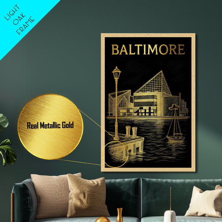 Baltimore Maryland travel, Metallic Gold Print, Modern House Art, Metal Art, Wood Framed Art, Traveler Gift, Destination Gift
