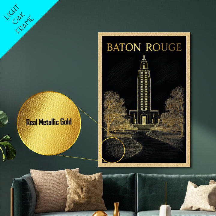 Baton Rouge Louisiana travel, Metallic Gold Print, College Dorm Décor, Metal Art, Wood Framed Art, Graduation Travel Gift, Travel Gift