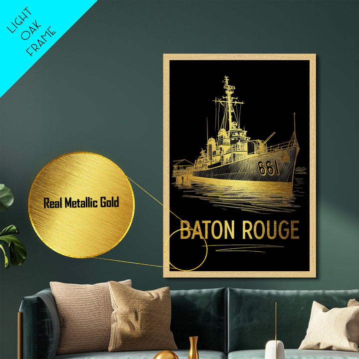 Baton Rouge Louisiana art, Metallic Gold Art, Housewarming Gift, Metal Art, Wood Framed Art, Newlywed Travel Gift, Honeymoon Gift