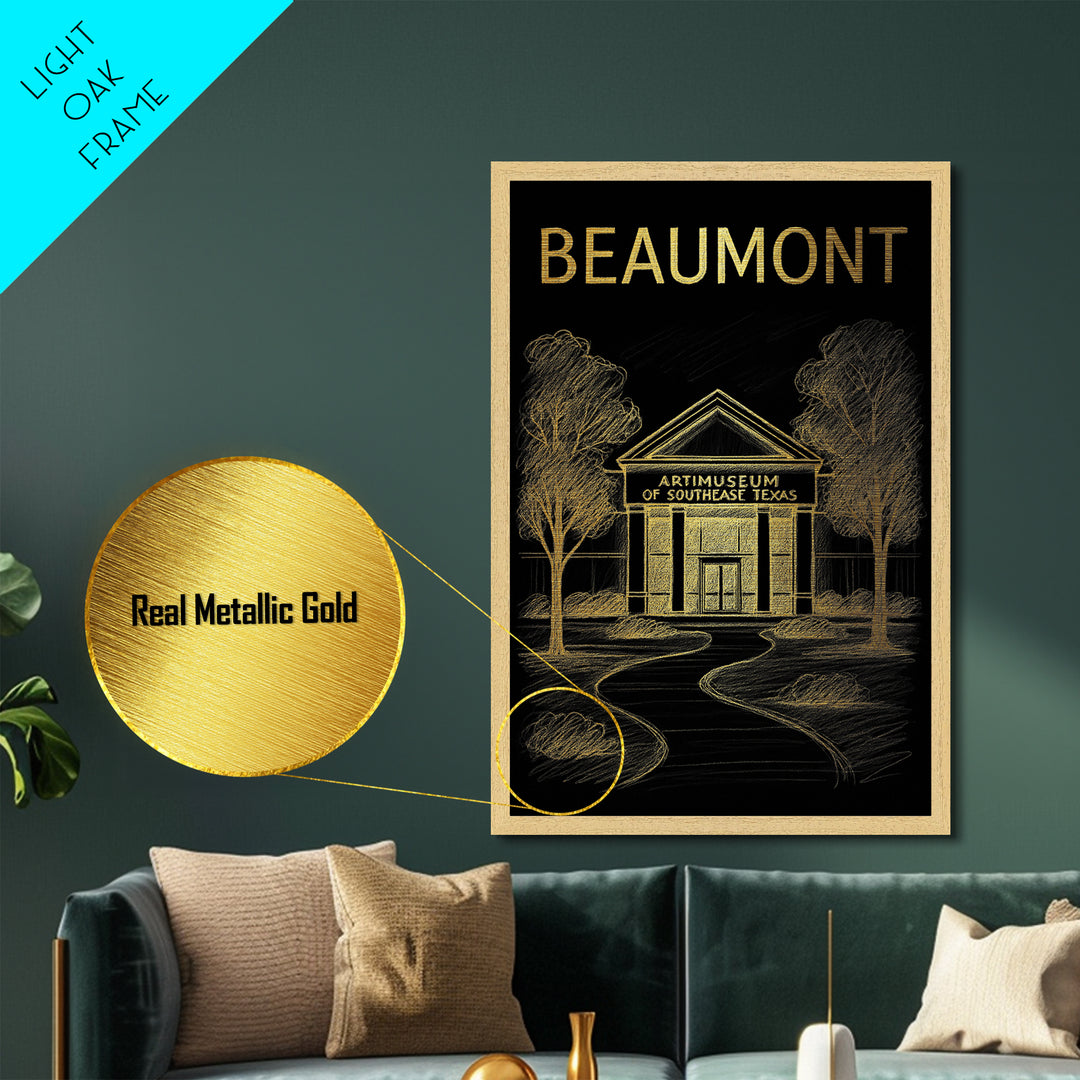 Beaumont Texas travel, Metallic Gold Print, Closing Gift, Metal Art, Wood Framed Art, Anniversary Travel Gift, Retirement Travel Gift