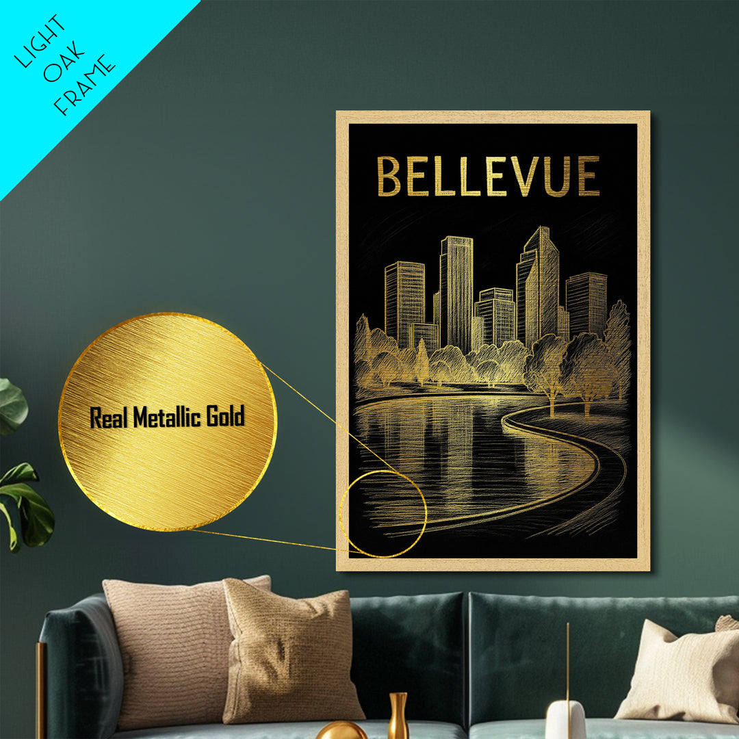 Bellevue Washington travel, Metallic Gold Print, Modern House Art, Metal Art, Wood Framed Art, Wanderlust Gift, Travel Art Prints