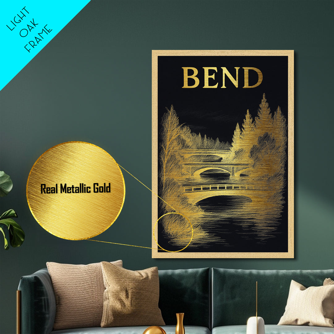Bend Oregon travel, Metallic Gold Print, Modern House Art, Metal Art, Wood Framed Art, Traveler Gift, Destination Gift