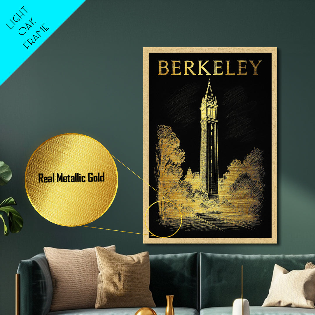 Berkeley California travel, Metallic Gold Print, College Dorm Décor, Metal Art, Wood Framed Art, Graduation Travel Gift, Traveler Gift