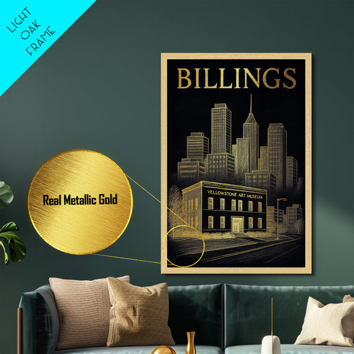 Billings Montana travel, Metallic Gold Print, Modern Skyline Wall Print, Metal Art, Wood Framed Art, Adventure Lover Gift, Travel Gift