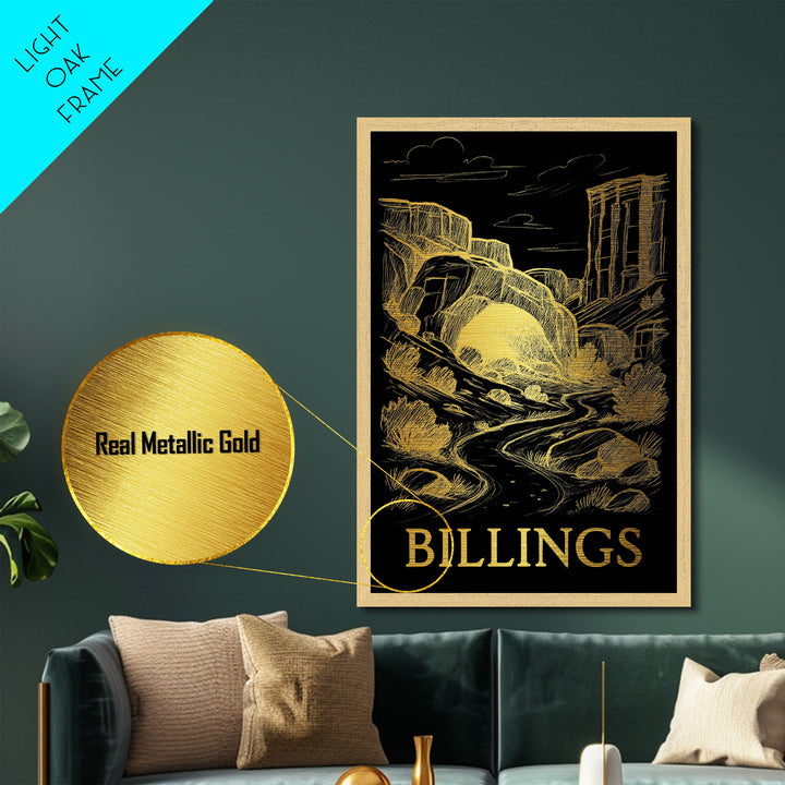 Billings Montana art, Metallic Gold Art, Housewarming Gift, Metal Art, Wood Framed Art, Newlywed Travel Gift, Honeymoon Gift