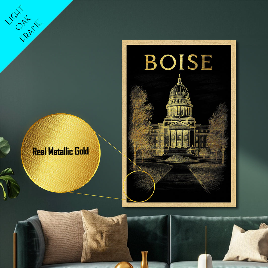 Boise Idaho travel, Metallic Gold Print, Modern House Art, Metal Art, Wood Framed Art, Wanderlust Gift, Travel Art Prints