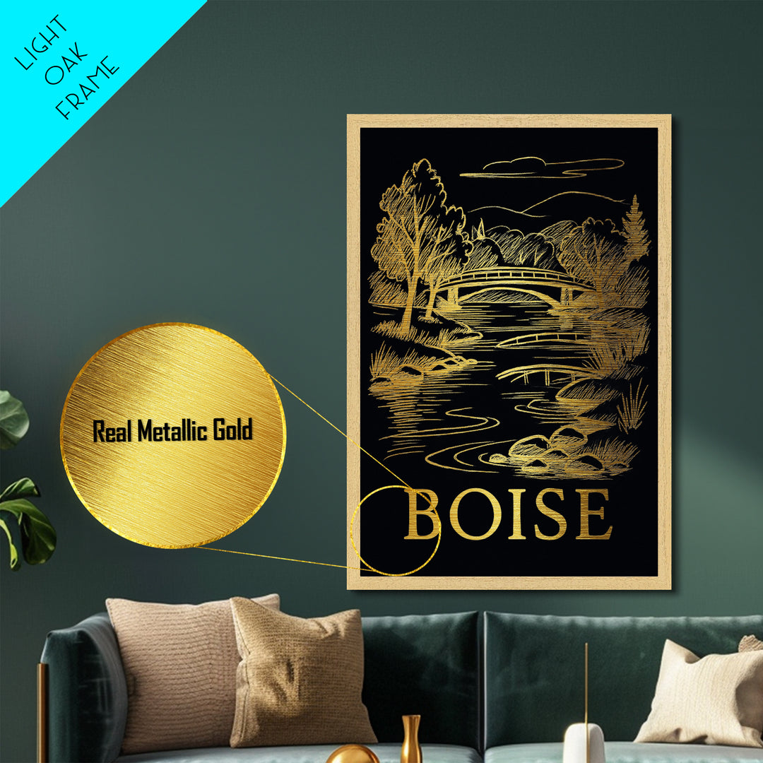 Boise Idaho art, Metallic Gold Art, Travel Art Prints, Metal Art, Wood Framed Art, Adventure Lover Gift, Traveler Gift