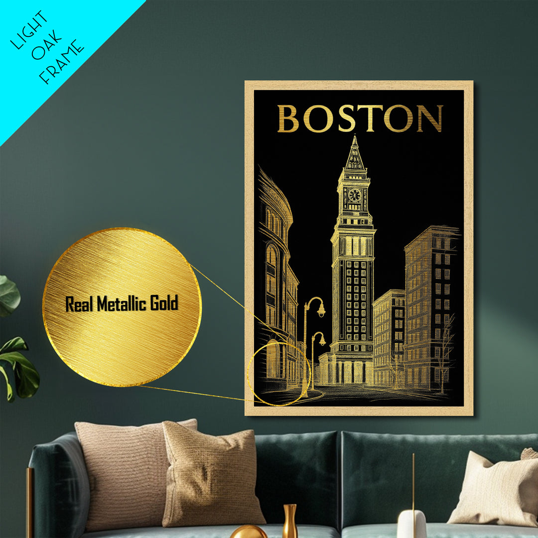 Boston Massachusetts travel, Metallic Gold Print, Modern House Art, Metal Art, Wood Framed Art, Traveler Gift, Destination Gift