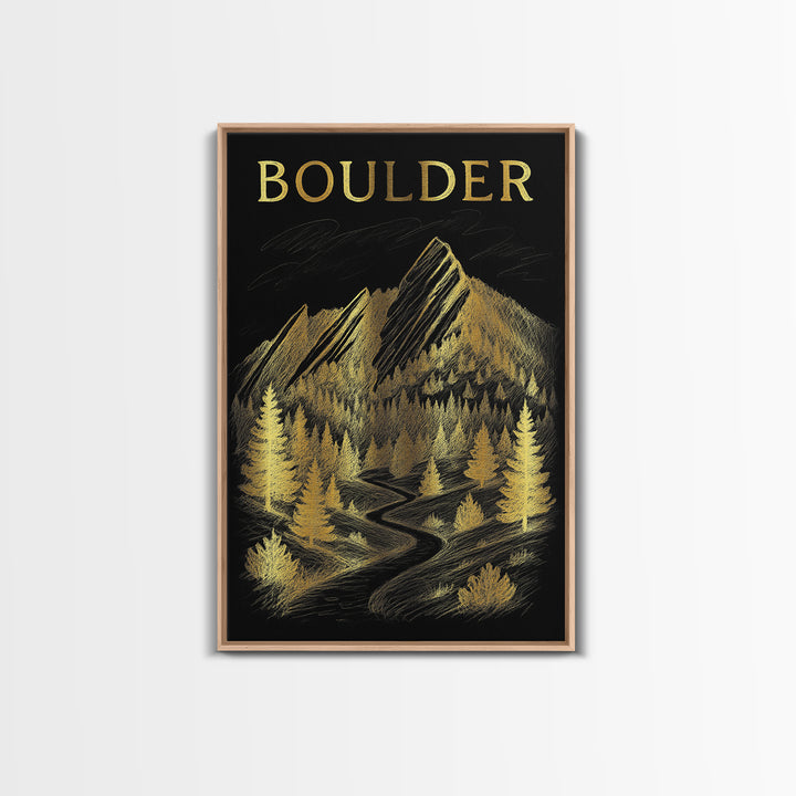 Boulder Colorado Travel Poster, Framed Canvas Print, Black And Gold Line Art, Boulder Travel Art, City Illustration, Mid Century Wall Art