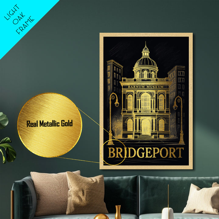 Bridgeport Connecticut art, Metallic Gold Art, Housewarming Gift, Metal Art, Wood Framed Art, Newlywed Travel Gift, Honeymoon Gift