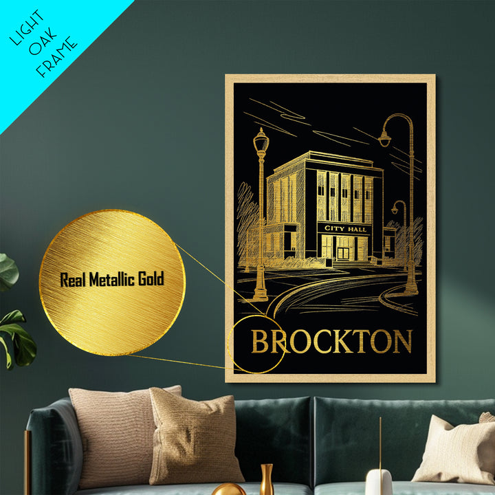 Brockton Massachusetts art, Metallic Gold Art, Office Decor, Metal Art, Wood Framed Art, Graduation Travel Gift, Destination Gift