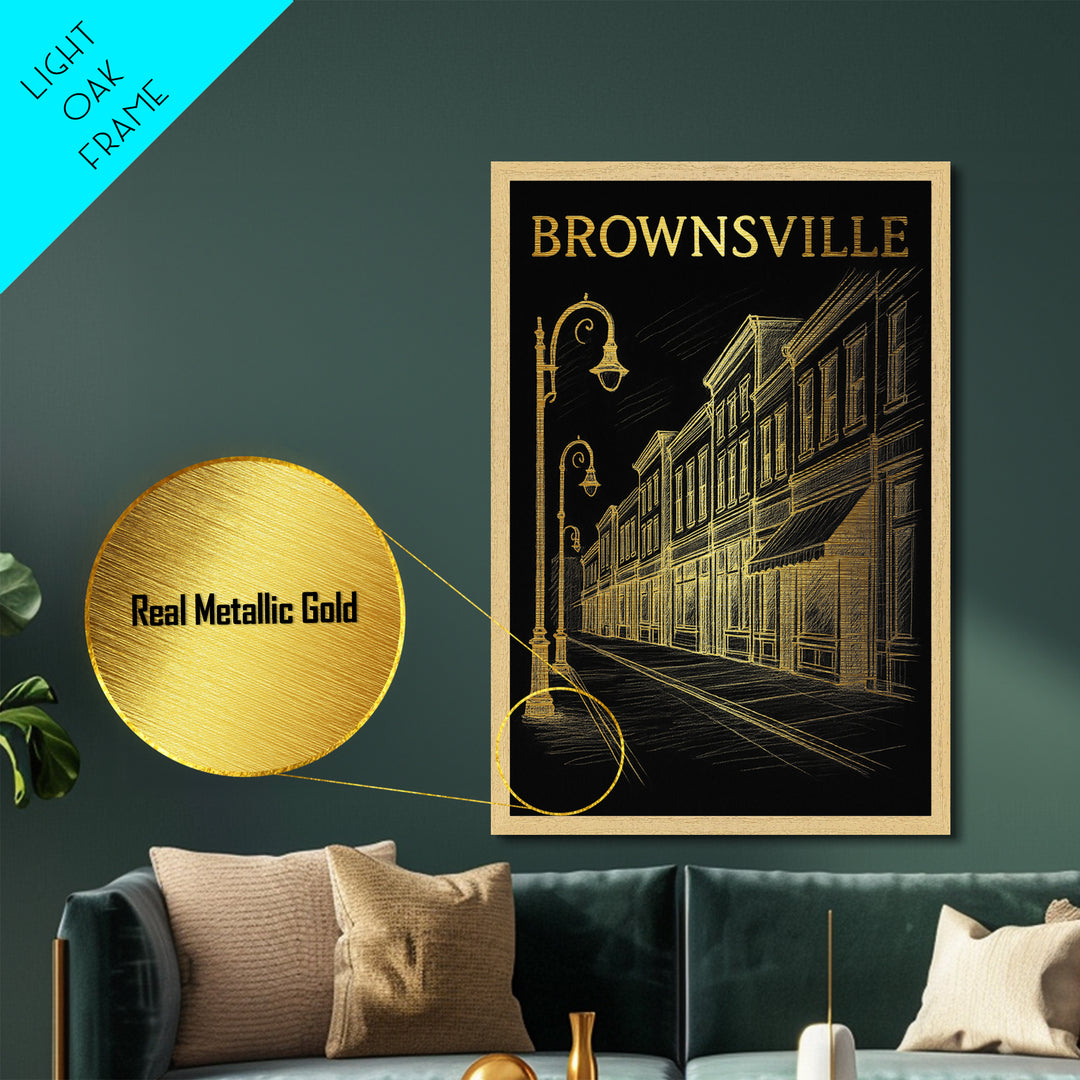 Brownsville Texas travel, Metallic Gold Print, Modern House Art, Metal Art, Wood Framed Art, Traveler Gift, Destination Gift