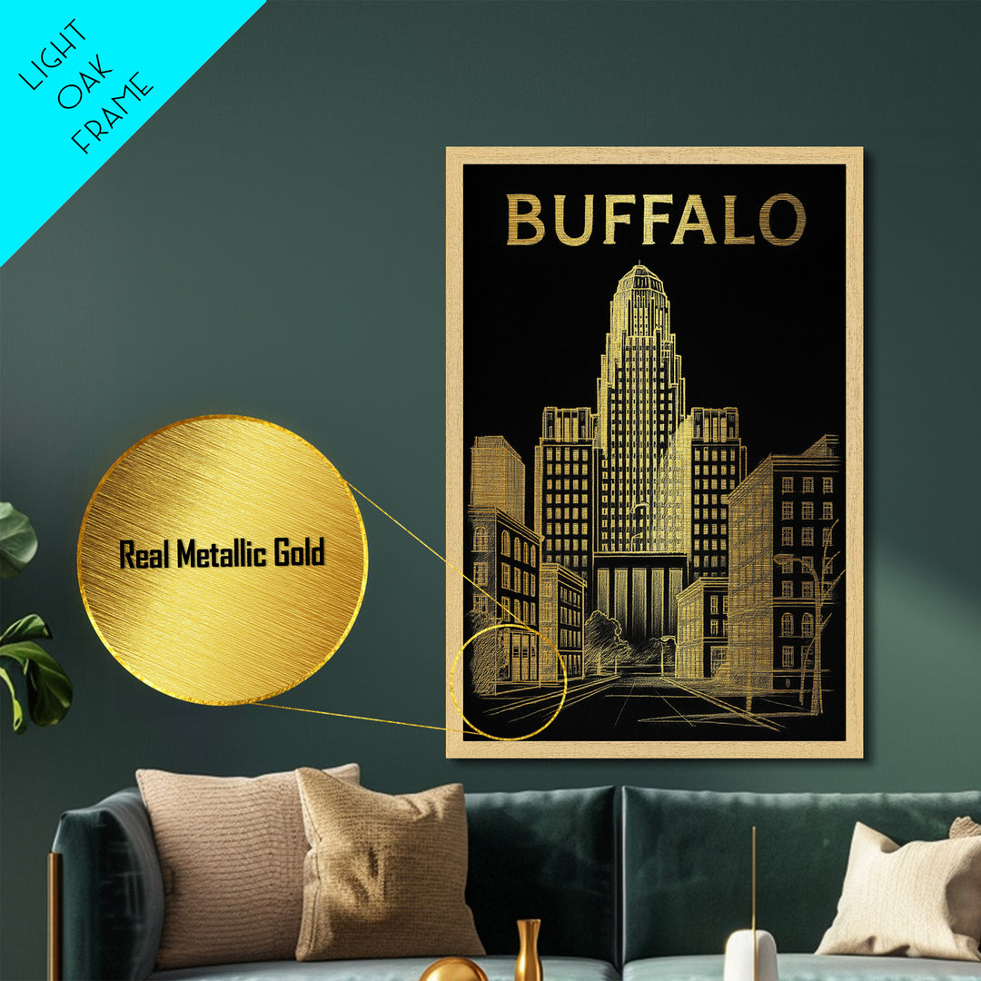 Buffalo New York travel, Metallic Gold Print, Modern Skyline Wall Print, Metal Art, Wood Framed Art, Adventure Lover Gift, Travel Gift